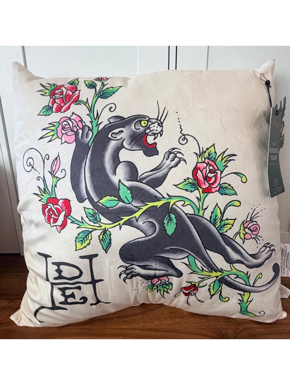 Ed Hardy Velvet Decorative Pillow 20x20 Cream Black Panther Floral Design
